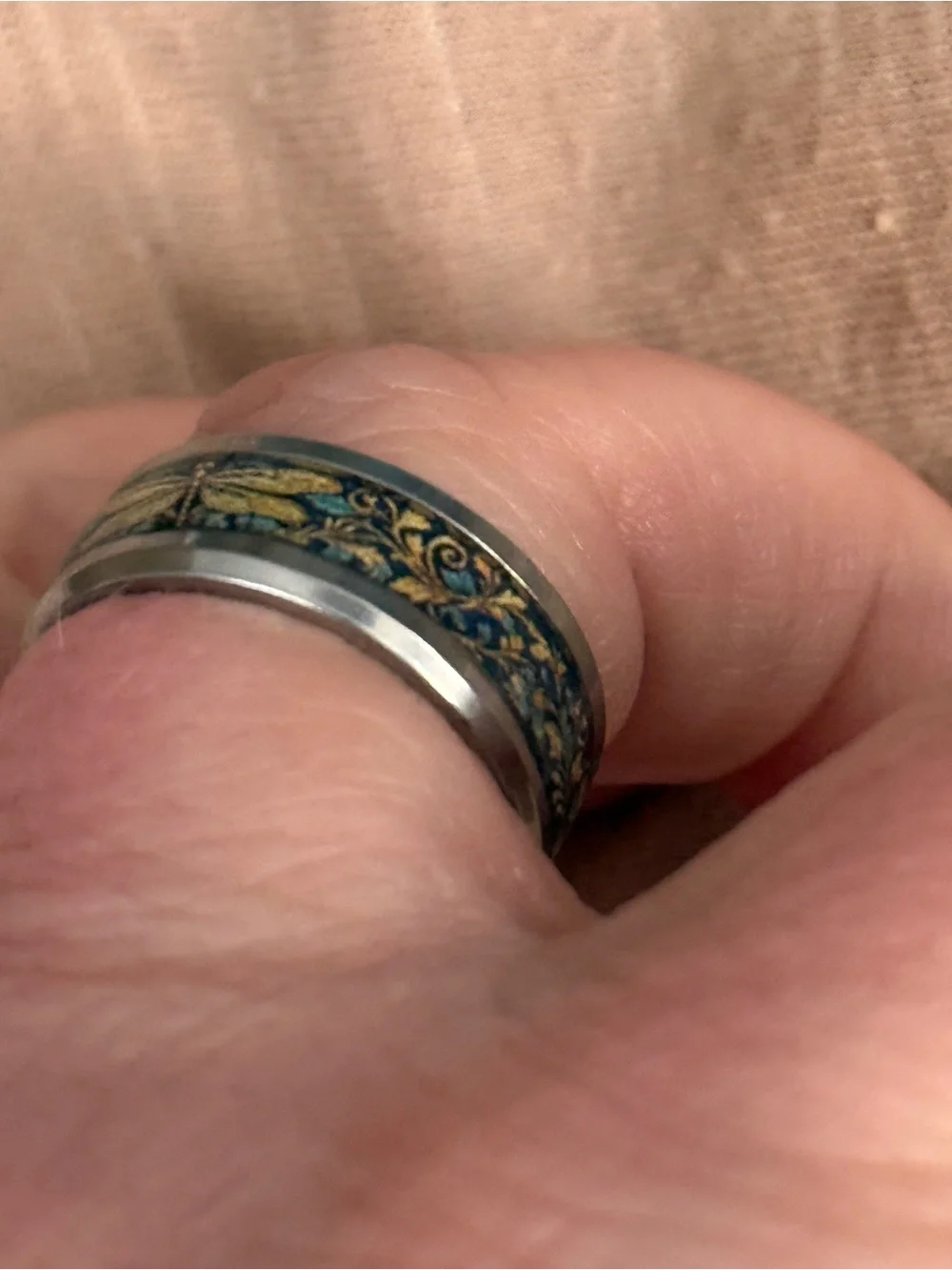 Blue and Gold Dragonfly Inlay Band Ring